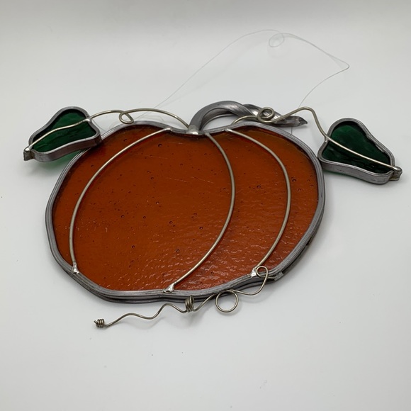 Vintage Other - VTG stained glass pumpkin sun catcher with green leaves. Thanksgiving